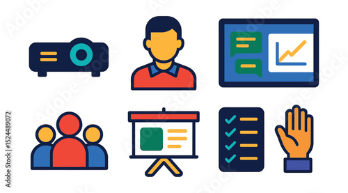 Flat vector icons of virtual classrooms: projector, teacher avatar, chat window, whiteboard, student group, presentation slide, attendance sheet, hand raise icon.