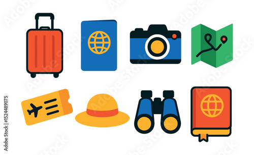Flat vector icons of travel essentials: suitcase, passport, camera, map, travel ticket, sunhat, binoculars, travel guidebook.