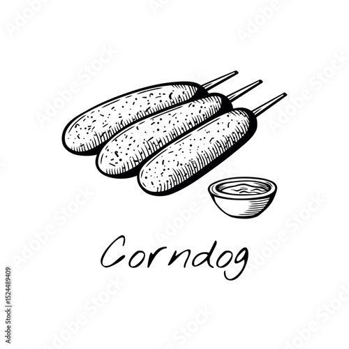 Vector illustration of classic corndogs with dipping sauce. Handdrawn black and white engraving style. Perfect for street food menus and snack-themed designs.