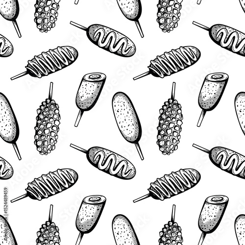 Hand-drawn black & white corndog seamless pattern: classic, cheesy, with potatoes & sauces. Vintage style perfect for fast food branding, packaging, menus, textiles, and street food visuals.