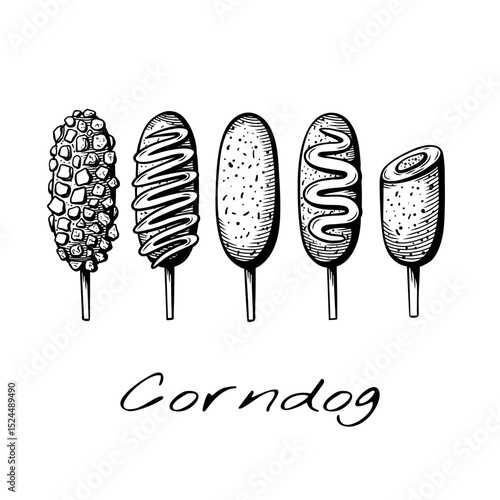Vector set of 5 hand-drawn corndogs in different styles: classic, with cheese, potato coating, and sauce. Vintage black and white food illustration for menus and designs.
