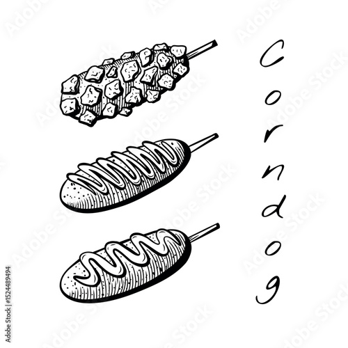 Vector set of 5 hand-drawn corndogs in different styles: classic, with cheese, potato coating, and sauce. Vintage black and white food illustration for menus and designs.
