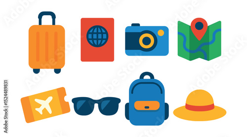Flat vector icons of travel essentials: suitcase, passport, camera, map, travel ticket, sunglasses, backpack, sunhat.