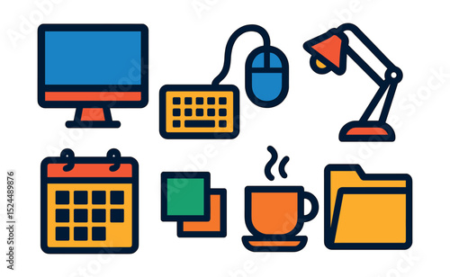 Flat vector icons of travel essentials: backpack, map, camera, travel guide, sunglasses, water bottle, hiking boots, passport.