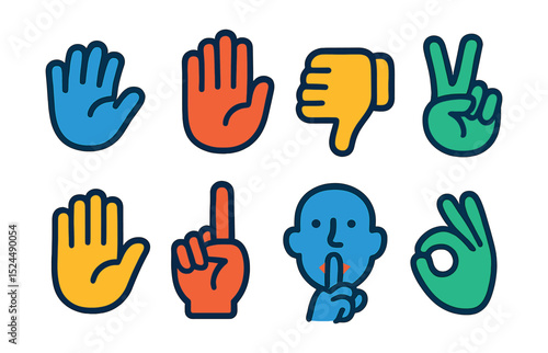 Flat vector icons of communication hand gestures: hand waving hello, hand signaling stop, hand giving thumbs down, hand showing peace sign, hand with open palm, hand pointing up, hand with index