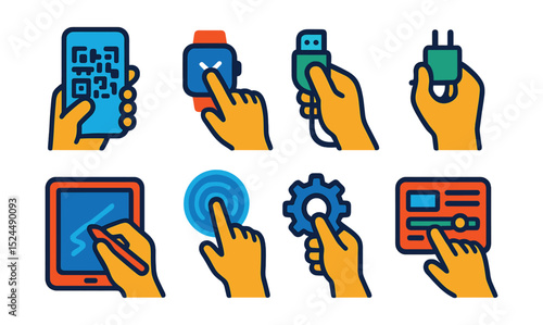 Flat vector icons of character hands with digital and tech elements: hand scanning QR code, hand tapping smartwatch, hand holding USB flash drive, hand plugging in charger, hand using stylus on