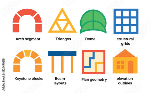 Flat vector icons of geometry in architecture: arch segments, support triangles, dome sections, structural grids, keystone blocks, beam layouts, plan geometry, elevation outlines.