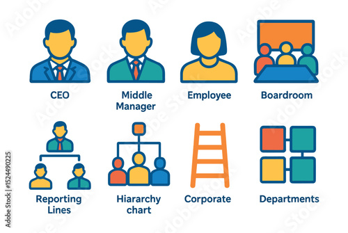 Flat vector icons of corporate structure: CEO, middle manager, employee, boardroom, reporting lines, hierarchy chart, corporate ladder, departments.