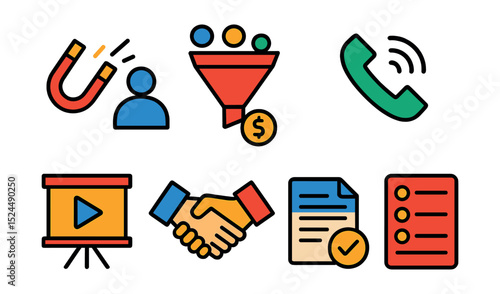 Flat vector icons of sales process: lead generation, sales funnel, cold call, product demo, quote, negotiation, closed deal, sales pipeline.
