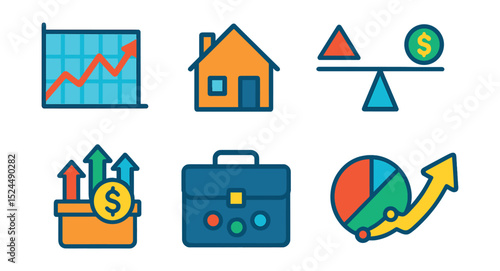 Flat vector icons of investment strategy: stock chart, real estate icon, mutual fund, risk vs reward, investment portfolio, asset allocation, market analysis, returns arrow.