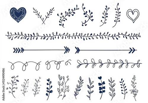 Collection of hand-drawn floral and arrow dividers, hearts, and swirls