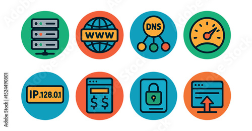 Flat vector icons of web hosting in circular style: server rack, domain name, DNS icon, uptime meter, IP address, hosting plan, SSL certificate, site deployment.