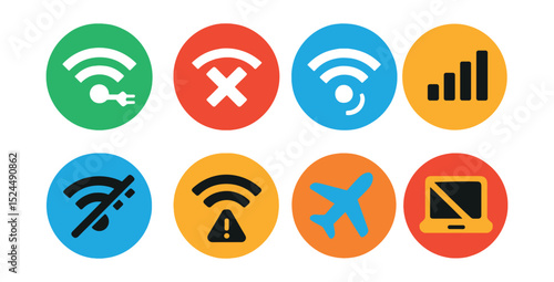 Flat vector icons of internet status indicators in circular style: connected, disconnected, reconnecting, signal bars, no internet, limited access, airplane mode, offline mode.