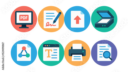 Flat vector icons of online document handling in circular style: PDF viewer, e-signature, upload doc, file scan, share file, text editor, cloud print, doc preview.