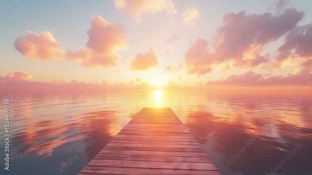 Peaceful wooden pier extending into a serene sunset over calm water. Peaceful wooden pier extending into a serene sunset over calm water.