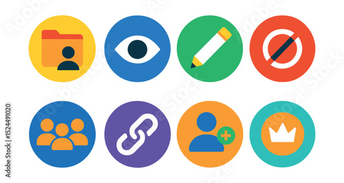 Flat vector icons of digital sharing permissions in circular style: shared folder, view only, edit access, restricted icon, team share, public link, invite user, owner badge.
