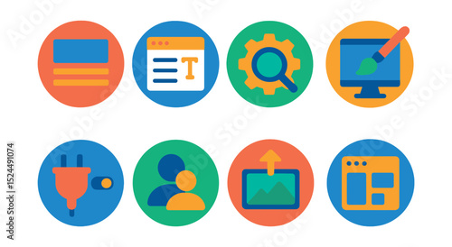 Flat vector icons of CMS tools in circular style: content block, editor panel, SEO module, theme icon, plugin control, user roles, media upload, page builder.