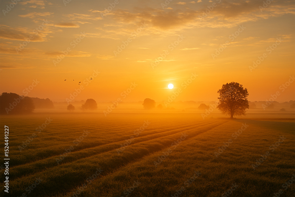 Fototapeta premium Golden Sunrise Over Misty Field with Trees and Soft Morning Light