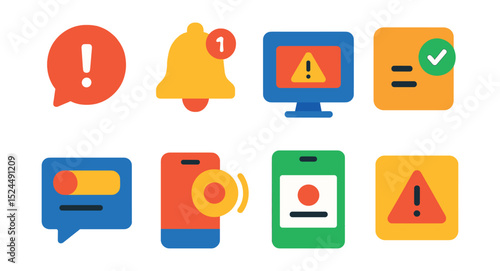 Flat vector icons of push notification tools: alert bubble, notification bell, system push, reminder icon, popup message, push delivery, opt-in screen, trigger alert.