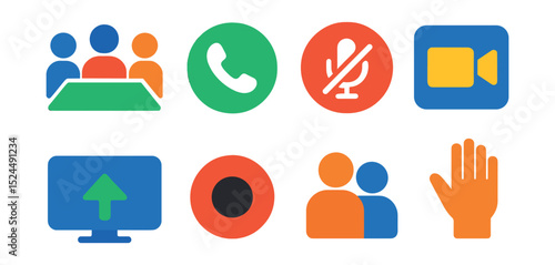 Flat vector icons of virtual meetings: meeting room, join call, mute mic, camera on/off, screen share, recording button, participants icon, raise hand.