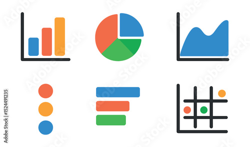Flat vector icons of data visualization tools: bar graph, pie chart, line chart, area chart, scatter plot, data points, chart legend, graph icon.