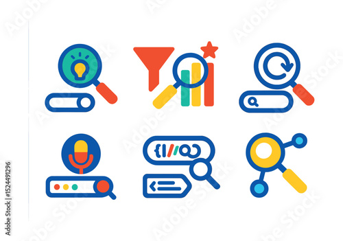 Flat vector icons of internet search tools: smart search, search filter, search ranking, search history, autocomplete, voice search, advanced query, semantic search.