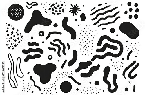 Abstract shapes, dots, and lines in monochrome