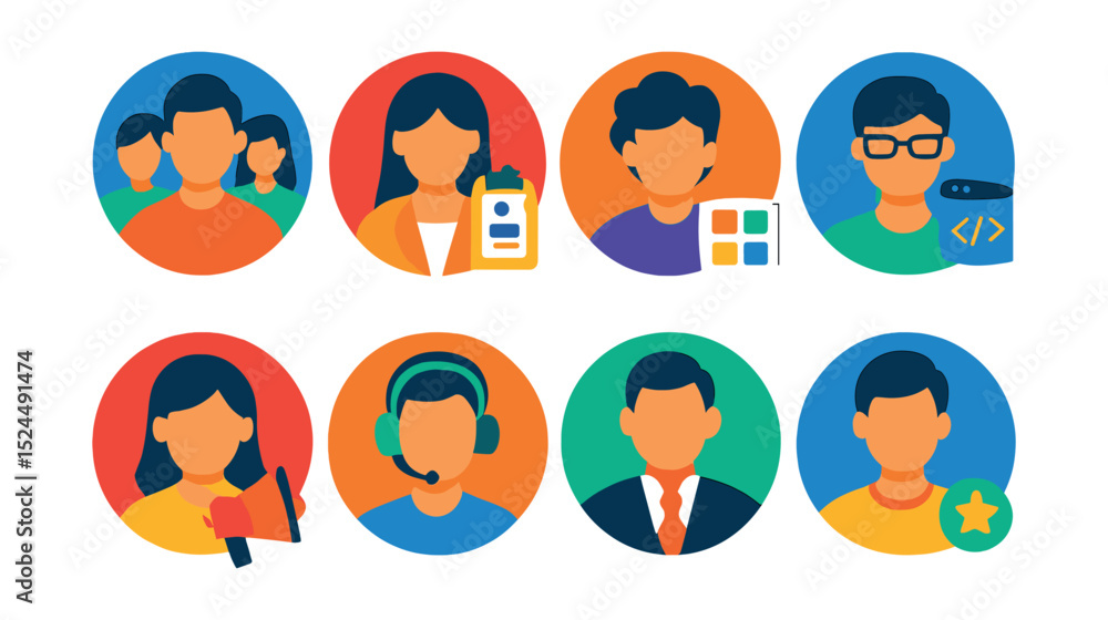Flat vector icons of employee roles in circular style: team lead, HR manager, designer avatar, developer icon, marketing specialist, support agent, executive icon, intern badge. Flat vector icons of employee roles in circular style: team lead, HR manager, designer avatar, developer icon, marketing specialist, support agent, executive icon, intern badge.