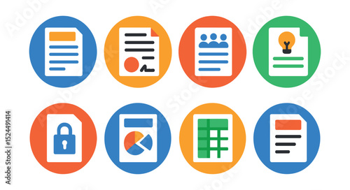 Flat vector icons of document types in circular style: invoice document, business contract, meeting minutes, project proposal, NDA file, presentation deck, spreadsheet icon, PDF report.