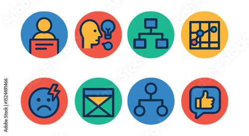 Flat vector icons of user experience mapping in circular style: customer persona, empathy map, user flow, journey map, pain point icon, UX wire, interaction chart, user feedback.