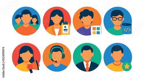 Flat vector icons of employee roles in circular style: team lead, HR manager, designer avatar, developer icon, marketing specialist, support agent, executive icon, intern badge.