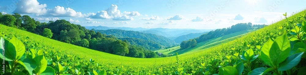 Obraz premium Serene landscape featuring vibrant green plants, lush foliage, and rolling hills under a clear blue sky Perfect for nature, travel, and environmental themes , plants, flora, peaceful