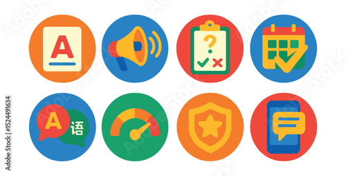 Flat vector icons of mobile language learning apps in circular style: word card, pronunciation icon, grammar quiz, daily practice, translation icon, level progress, badge earned, speaking practice.
