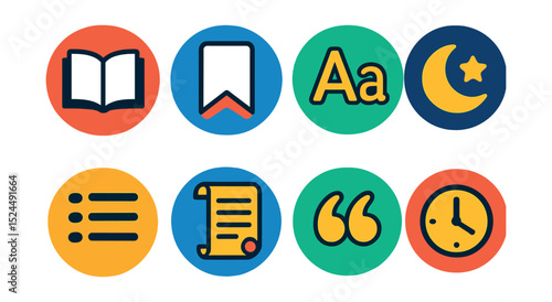 Flat vector icons of mobile reading apps in circular style: open book, bookmark page, font size tool, night mode, chapter list, scroll reading, quote icon, reading time.