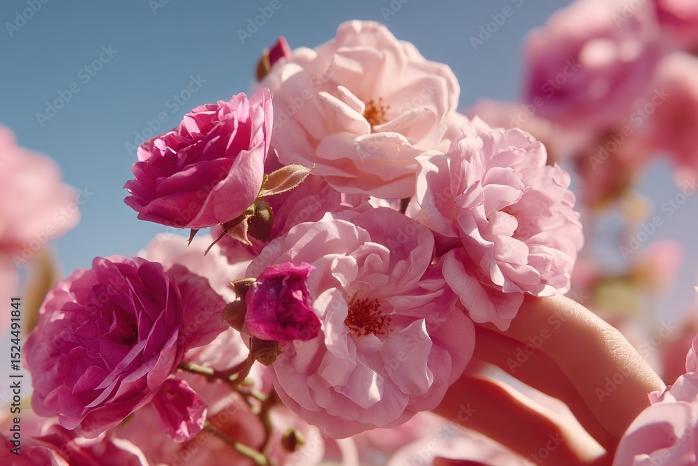 Fototapeta premium Beautiful pink roses being gently held under a clear blue sky during a sunny day in spring