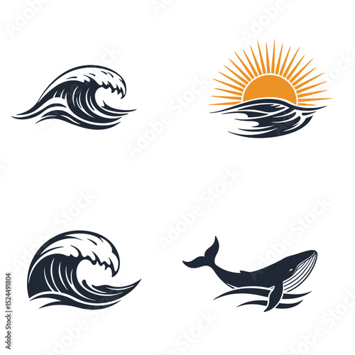 sea waves logo sun waves logo whale waves logo vector  Silhouette,
