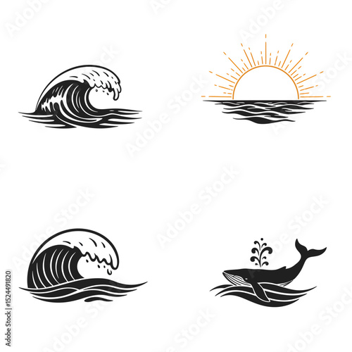 sea waves logo sun waves logo whale waves logo vector  Silhouette,
