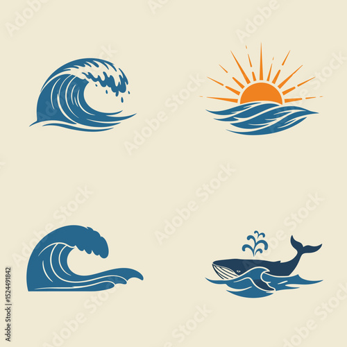 sea waves logo sun waves logo whale waves logo vector  Silhouette,
