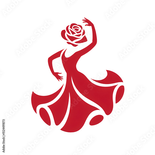 red flamenco female dancer and rose, Spanish passion, fluent logo, isolated PNG transparent background