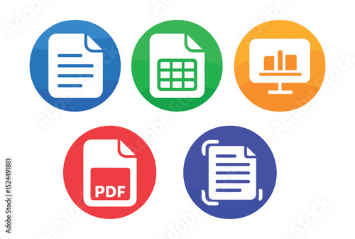 Flat vector icons of document types in circular style: text file, spreadsheet, presentation slide, PDF file, scanned doc.