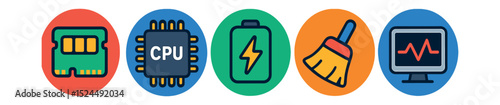 Flat vector icons of mobile performance tools: RAM booster, CPU status, battery health, clean cache, system monitor.