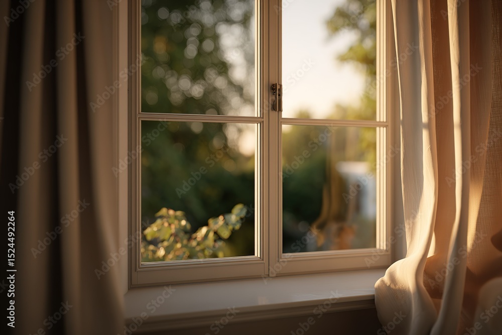 Fototapeta premium Warm sunlight streams through a window illuminating a serene garden in the early evening light