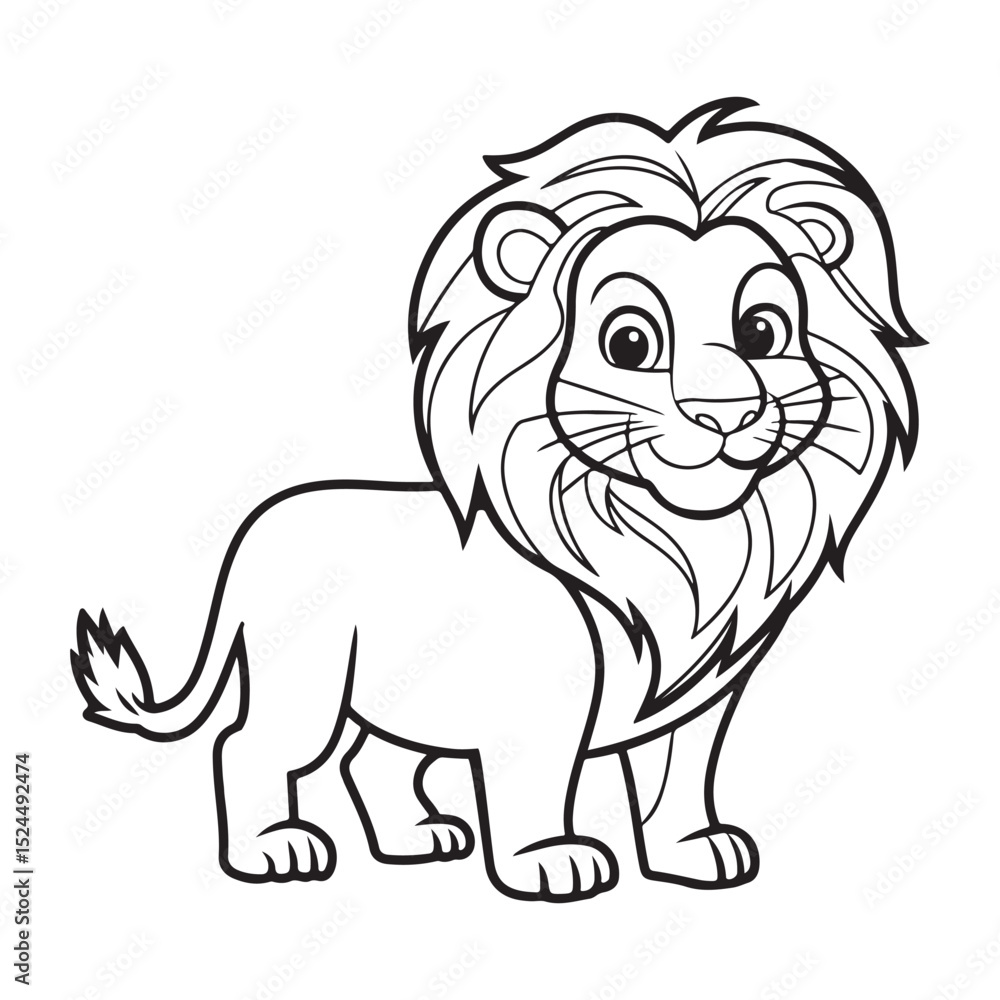 Obraz premium Cute Cartoon Lion Silhouette Line Drawing – Black and White Safari Animal Illustration for Coloring Pages or Kids Design