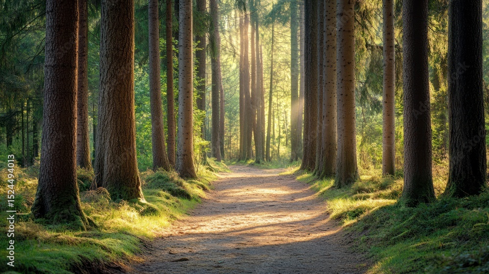 Fototapeta premium Pathway through sunlit woodland: A serene and enchanting forest scenery