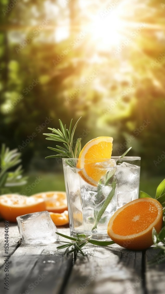 Fototapeta premium A glass tumbler filled with clear sparkling drink features vibrant orange slices and fresh greenery. Sunlight filters through trees, creating a warm, inviting atmosphere around the refreshing drink