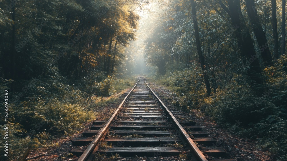 Railroad journey through a misty forest, a path to an unknown destination Railroad journey through a misty forest, a path to an unknown destination