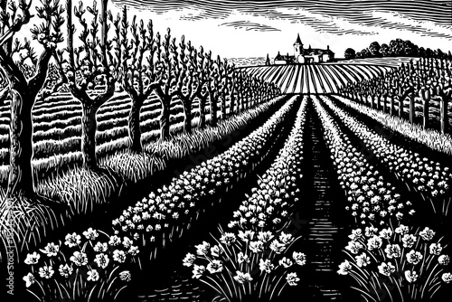 Black and white sketch vector of a springtime French vineyard with a distant chateau and flower rows