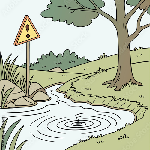 Cartoon creek scene with warning sign, isolated illustration