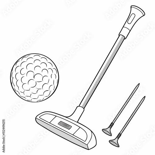Golf putter ball tees line art illustration