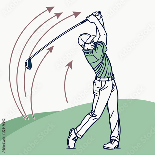 Golfer swinging driver golf ball trajectory